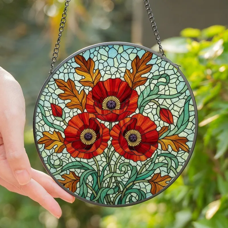 Botanical Art Lovers' Glowing Stained Glass Poppies Floral Teal Red Blue Mosaic Stained Glass Suncatcher - 1