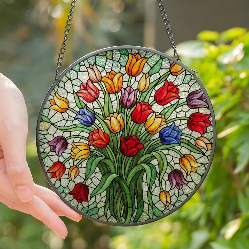 Floral Art Lovers' Tiffany Style Stained Glass Tulip Bouquet Jewel Tone Mosaic Stained Glass Suncatcher - xNxnfKNVyg