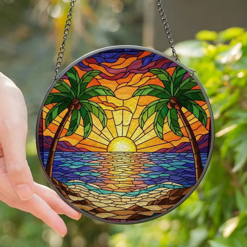Nature Lovers' Vibrant Stained Glass Sunset Palm Tree Ocean Tropical Mosaic Design Stained Glass Suncatcher - 1