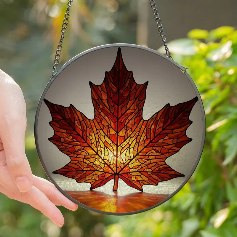 Autumn Enthusiasts' Tiffany Stained Glass Crimson Orange Golden Maple Leaf Mosaic Stained Glass Suncatcher - 1