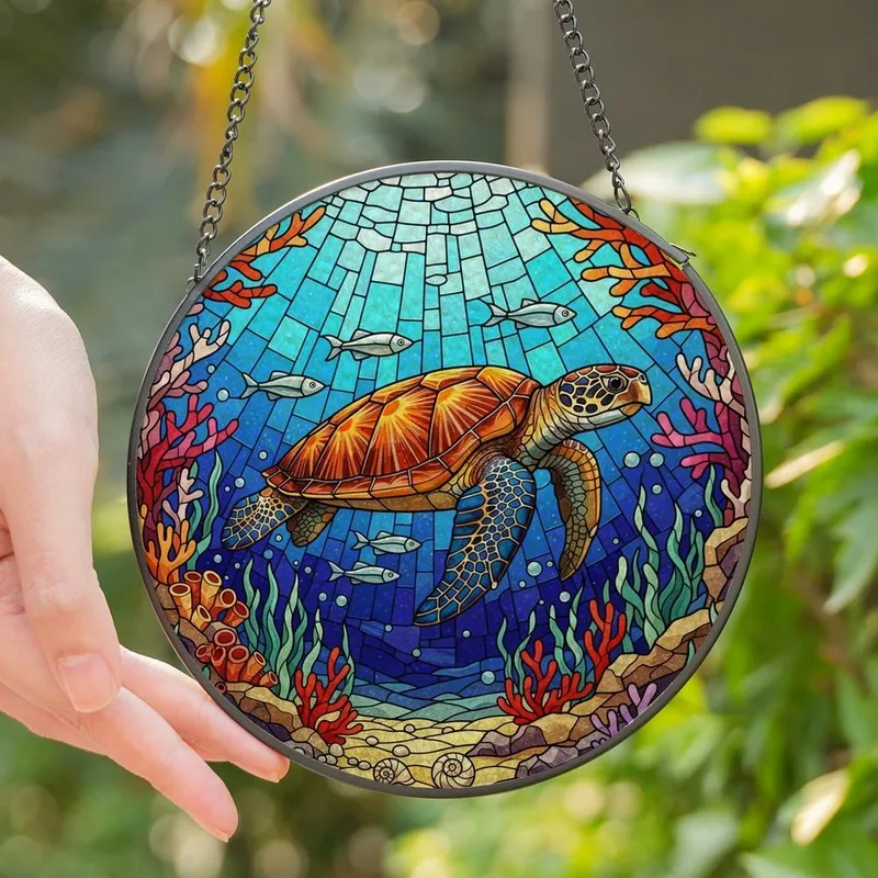 Ocean Enthusiasts' Vibrant Tiffany Glass Sea Turtle Coral Reef Jewel Tone Mosaic Stained Glass Suncatcher - 1