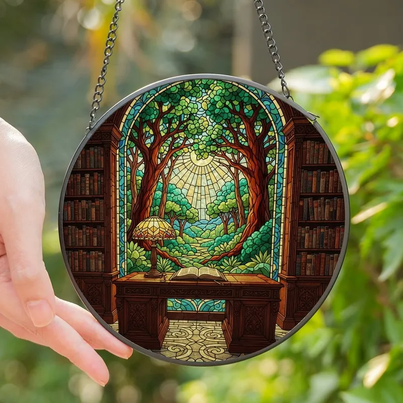 Readers & Dreamers' Tiffany Stained Glass Ornate Desk, Bookshelves, Sunlit Nature Vista, Jewel Tones Stained Glass Suncatcher - 1