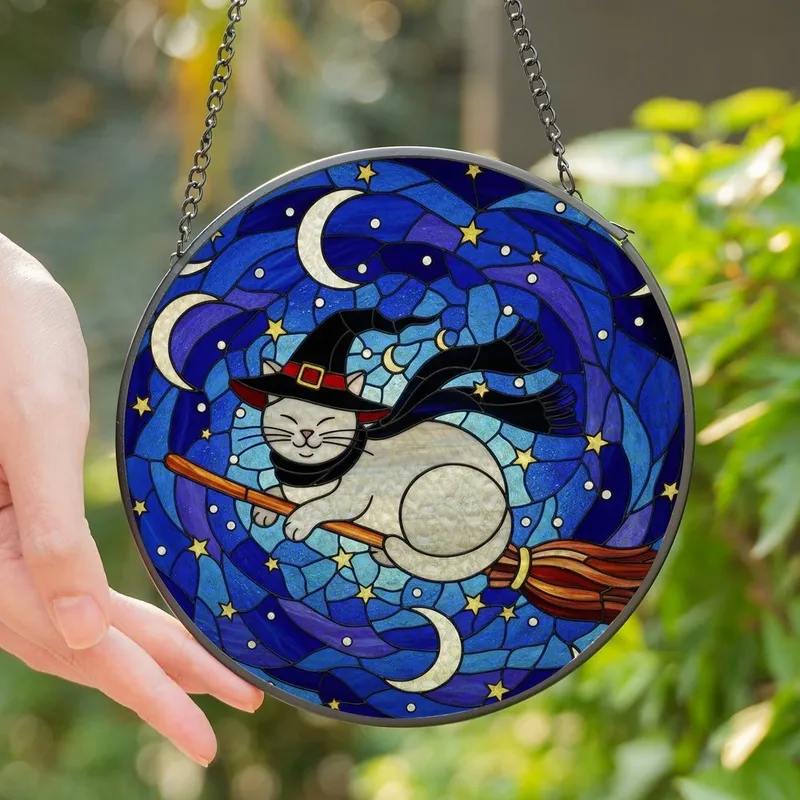 Mystical Cat Lovers' Whimsical Stained Glass Witch Cat Celestial Mosaic Crimson Amber Black Stained Glass Suncatcher - 1