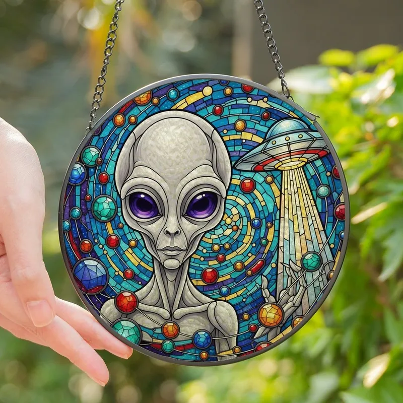 Sci-Fi & Alien Enthusiasts' Vibrant Tiffany Stained Glass Grey Alien UFO Cosmic Jewel Tone Mosaic Stained Glass Suncatcher - Ffigxdshe2
