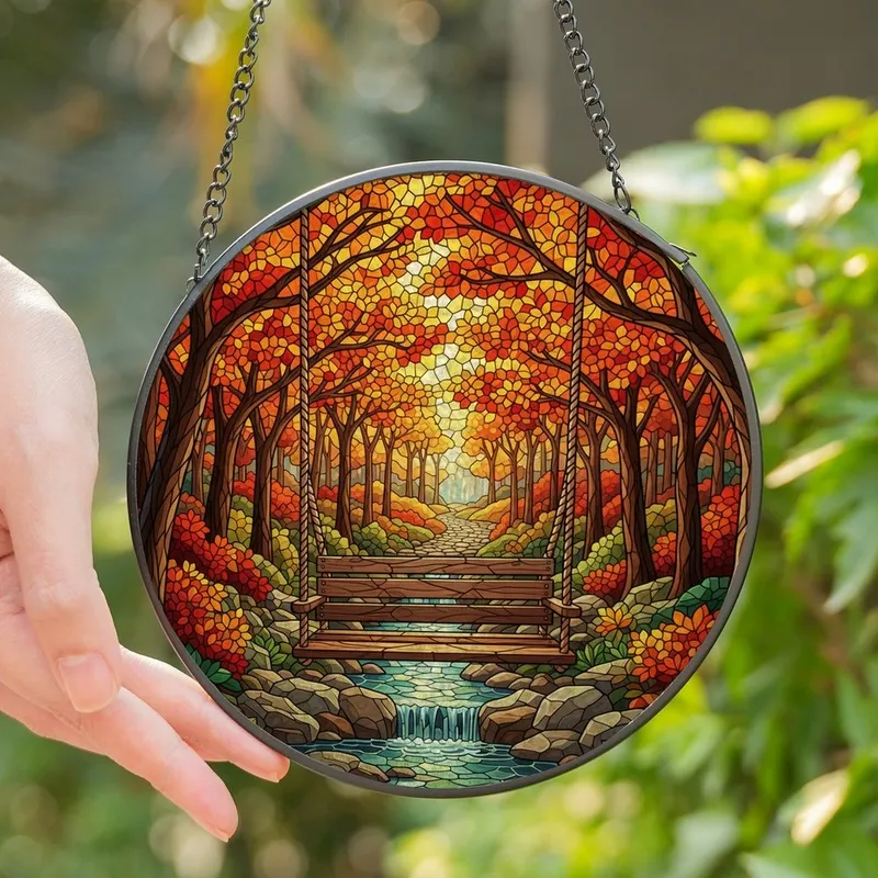 Autumn Enthusiasts' Intricate Tiffany Stained Glass Autumn Forest Swing Bench Scenic Mosaic, Vivid Orange Red Jewel Tones Stained Glass Suncatcher - 1