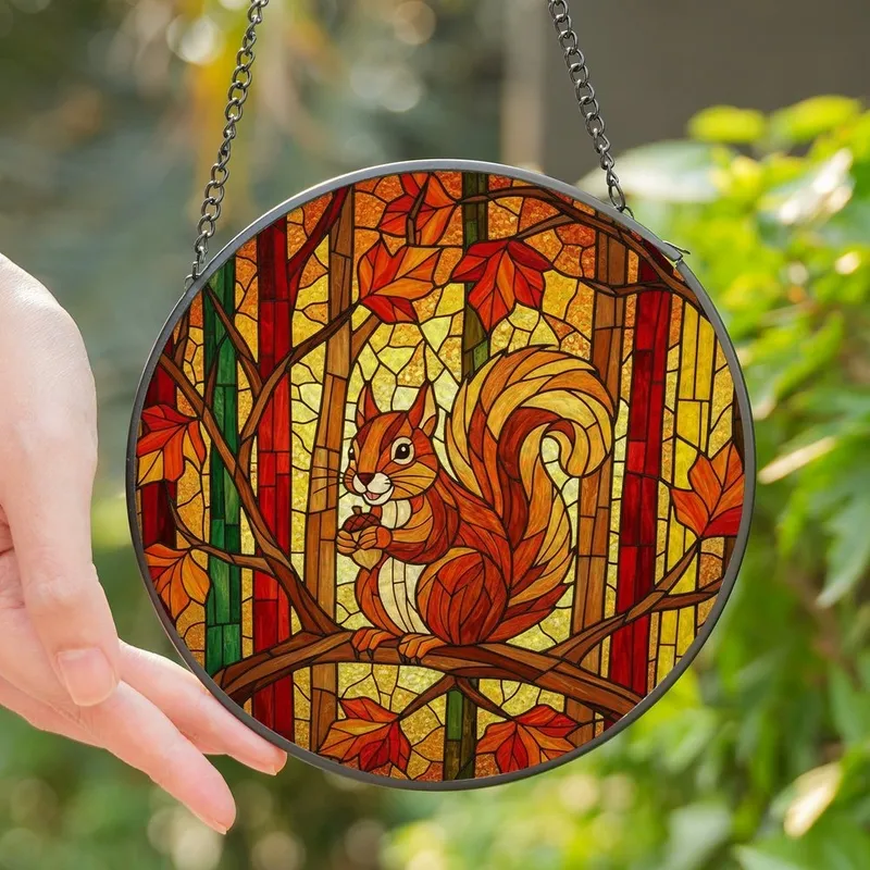 Nature Lovers' Vibrant Tiffany Stained Glass Squirrel Acorn Autumnal Jewel Tones Stained Glass Suncatcher - 1