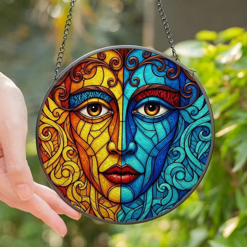 Art Lovers' Tiffany Style Stained Glass Cubist Face Vibrant Yellow Blue Orange Ruby Mosaic Art Stained Glass Suncatcher - 1