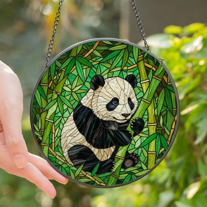 Panda Lovers' Jewel Tone Tiffany Stained Glass Baby Panda Emerald Green Bamboo Mosaic Art Stained Glass Suncatcher - -23JnqXNzO