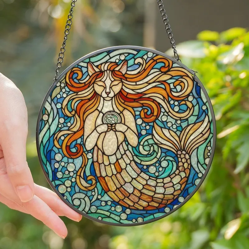Fantasy Art Lovers' Tiffany Stained Glass Cat Mermaid Iridescent Shell Ocean Current Mosaic Art Stained Glass Suncatcher - 1