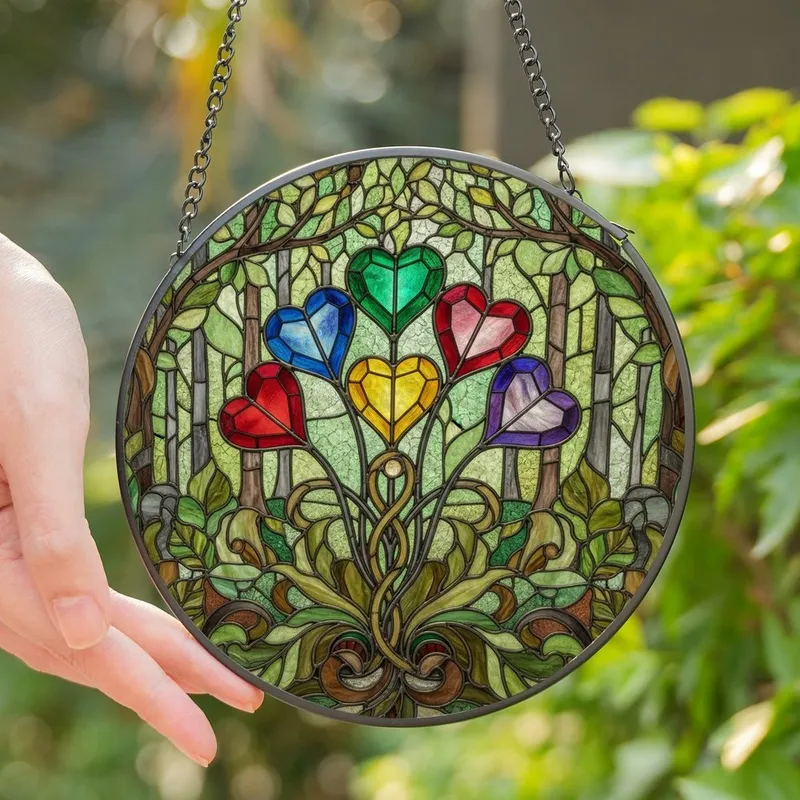 Nature & Art Lovers' Tiffany Stained Glass Heart Blooms, Jewel Tones & Forest Mosaic Stained Glass Suncatcher - 1