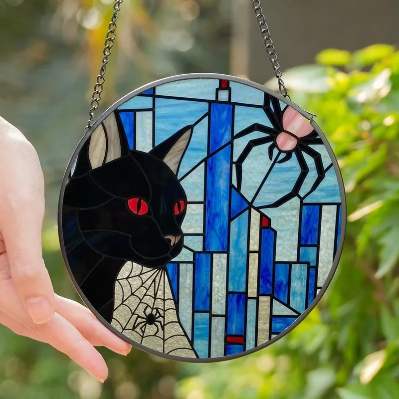 Cat Lovers' Intricate Stained Glass Black Cat Ruby Red Eyes Rose Pink Spider Urban Mosaic Design Stained Glass Suncatcher - 1