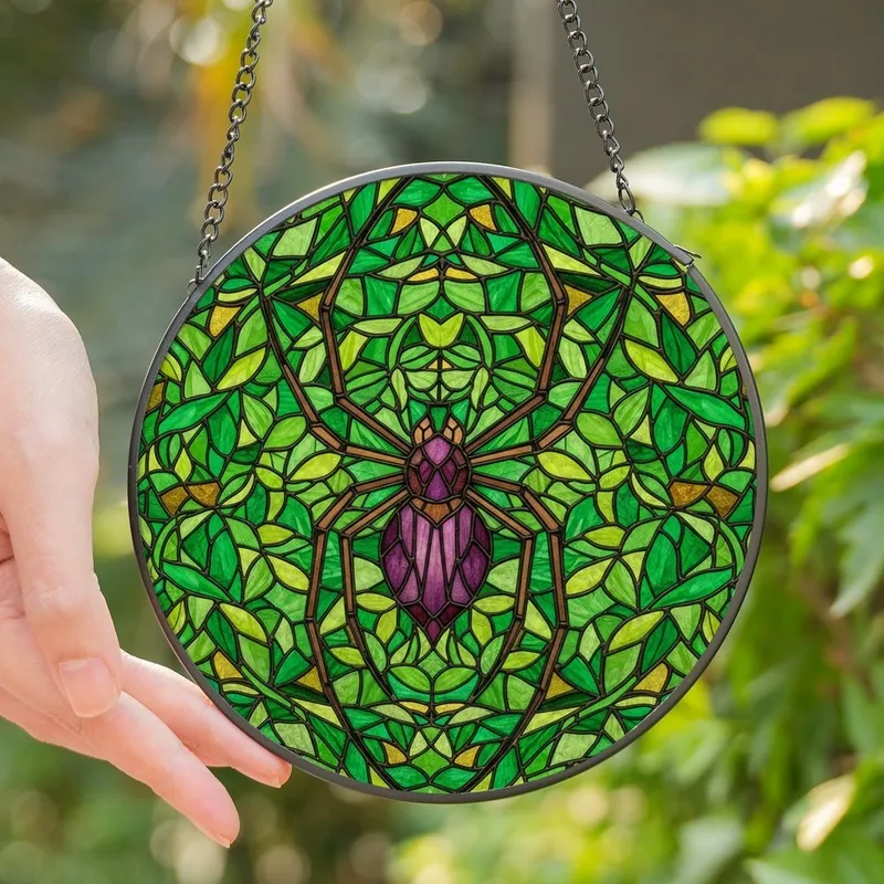 Art Lovers' Tiffany Stained Glass Spider Deep Plum Purple Emerald Green Foliage Mosaic Pattern Stained Glass Suncatcher - 1