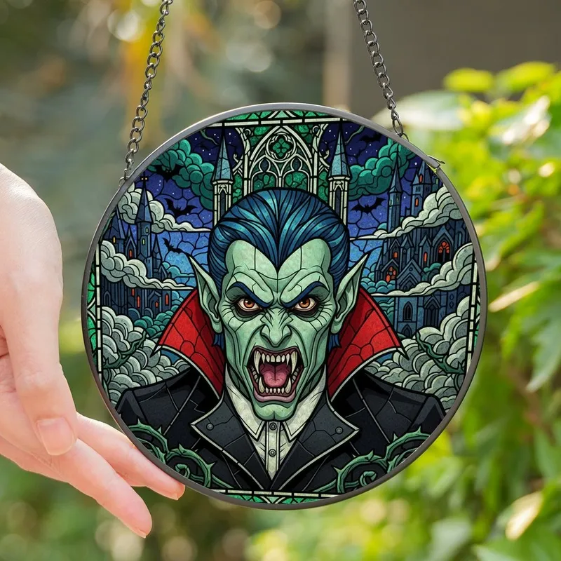 Dark Fantasy Art Lovers' Tiffany Glass Monstrous Vampire Gothic Mosaic Jewel Tone Design Stained Glass Suncatcher - 1