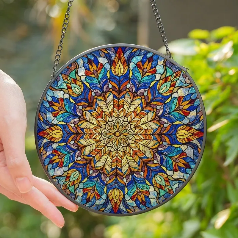 Art Lovers' Tiffany Style Stained Glass Feather Mandala Sunburst Vibrant Jewel Tones Stained Glass Suncatcher - _ZIP_y21yB