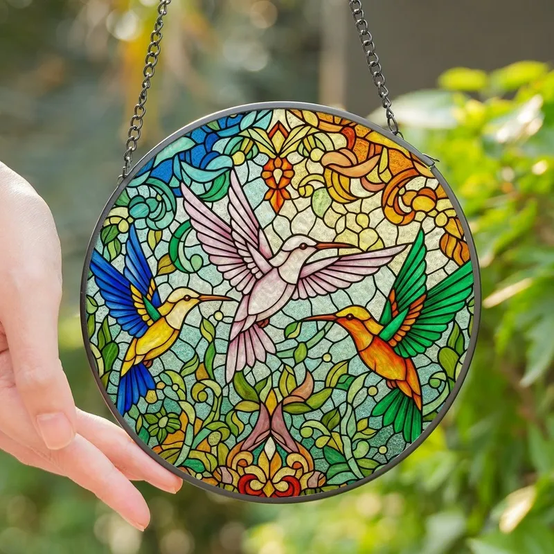 Nature Lovers' Vibrant Tiffany Style Stained Glass Hummingbird Floral Mosaic Lavender Pink Blue Green Yellow Stained Glass Suncatcher - 1