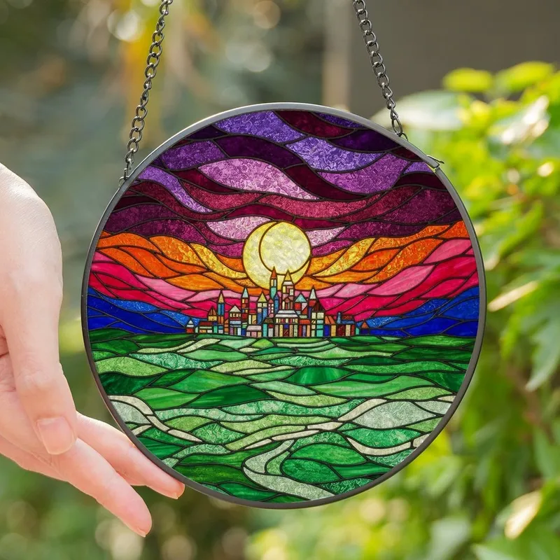 Vibrant Art Lovers' Tiffany Stained Glass Golden Sun Moon Geometric Village Emerald Purple Hot Pink Mosaic Stained Glass Suncatcher - 1