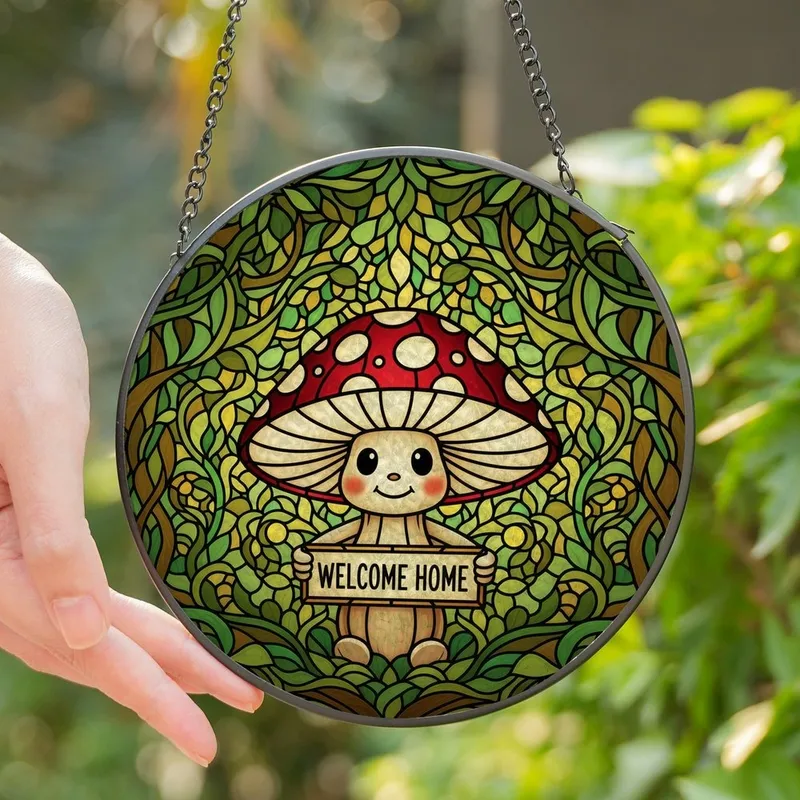 Whimsical Art Lovers' Intricate Stained Glass Mushroom Forest Mosaic Tiffany Art Red Cream Stained Glass Suncatcher - 1