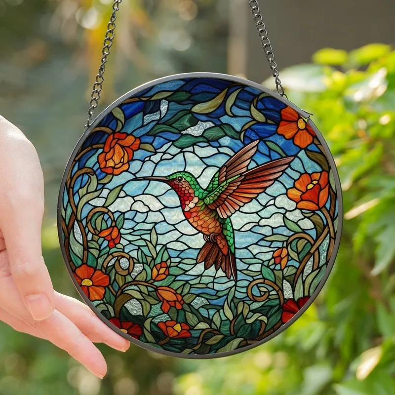 Nature Lovers' Intricate Stained Glass Hummingbird Floral Mosaic Jewel Tones Stained Glass Suncatcher - Q7srzp8rtv
