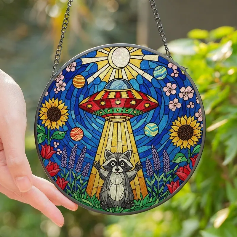 Whimsical Sci-Fi Enthusiasts Vibrant Stained Glass UFO Raccoon Floral Mosaic Jewel Tone Landscape Stained Glass Suncatcher - 1