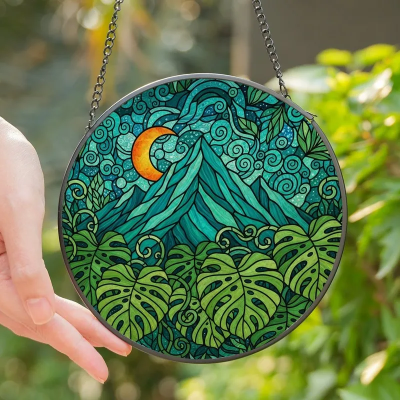 Art Lovers' Tiffany Style Stained Glass Teal Mountain Peak Orange Moon Monstera Botanical Mosaic Stained Glass Suncatcher - 1