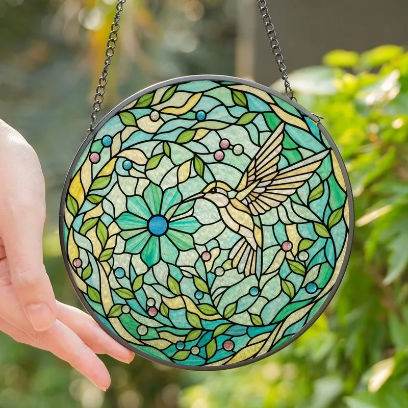 Nature Lovers' Intricate Tiffany Stained Glass Hummingbird Flower Mosaic Jewel Tones Teal Green Pink Blue Stained Glass Suncatcher - 1