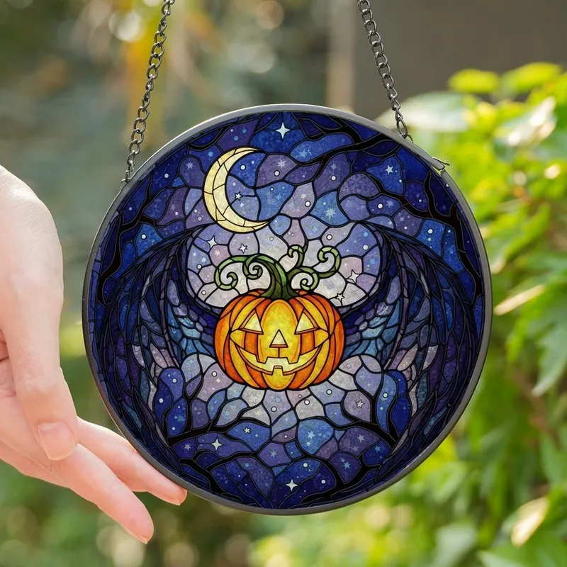Halloween Enthusiasts' Tiffany Style Stained Glass Jack-o'-Lantern Bat Wing Mosaic Orange Green Pattern Stained Glass Suncatcher - 1