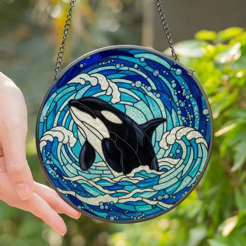 Ocean Lovers' Tiffany Stained Glass Orca Whale Breaching Ocean Mosaic Deep Black Blue Aqua Jewel Tones Edge-to-Edge Stained Glass Suncatcher - CduT4-MT2P