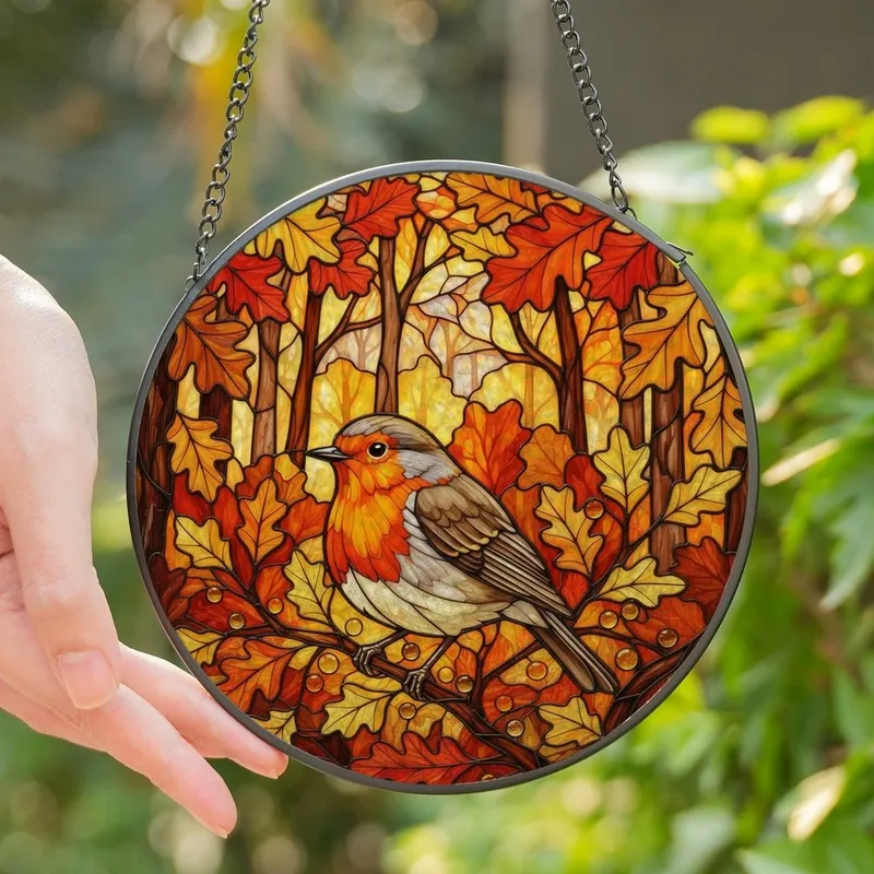 Nature Lovers' Vibrant Edge-to-Edge Stained Glass Robin Bird Autumnal Forest Mosaic Orange Amber Jewel Tones Stained Glass Suncatcher - 1