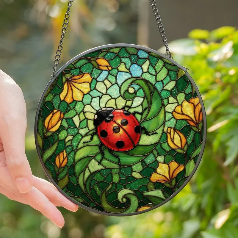 Nature Lovers' Intricate Tiffany Stained Glass Red Ladybug Emerald Green Leaf Amber Mosaic Stained Glass Suncatcher - wmUbBlmktN