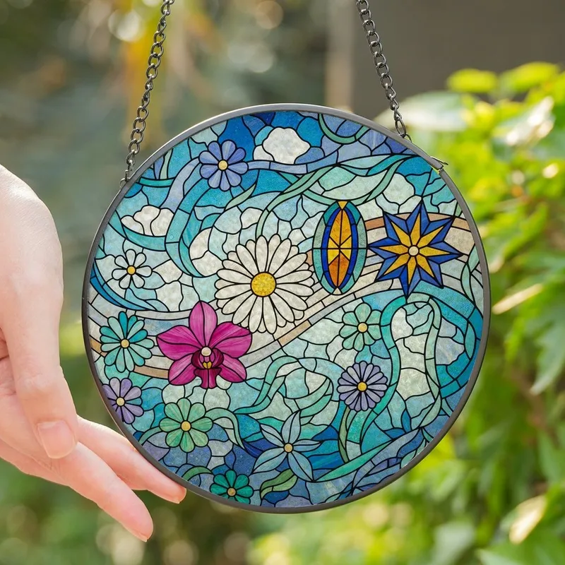 Floral Art Lovers' Edge-to-Edge Tiffany Stained Glass Orchid Daisy Star-Flower Mosaic Dark Blue Amethyst Stained Glass Suncatcher - 1