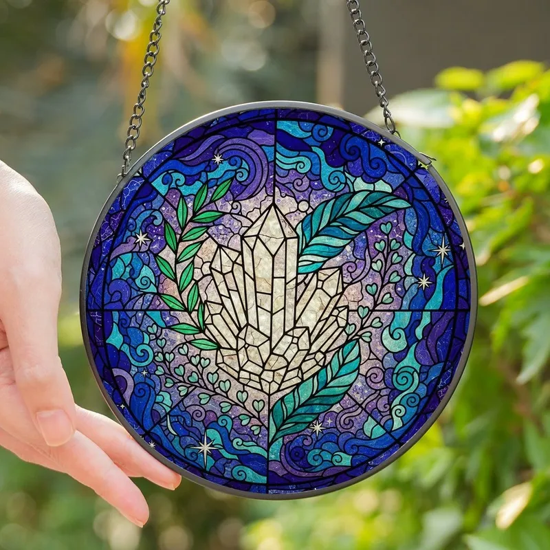 Art & Nature Lovers' Intricate Stained Glass Geometric Crystal Botanical Celestial Mosaic in Emerald Teal Aqua Jewel Tones Stained Glass Suncatcher - 1