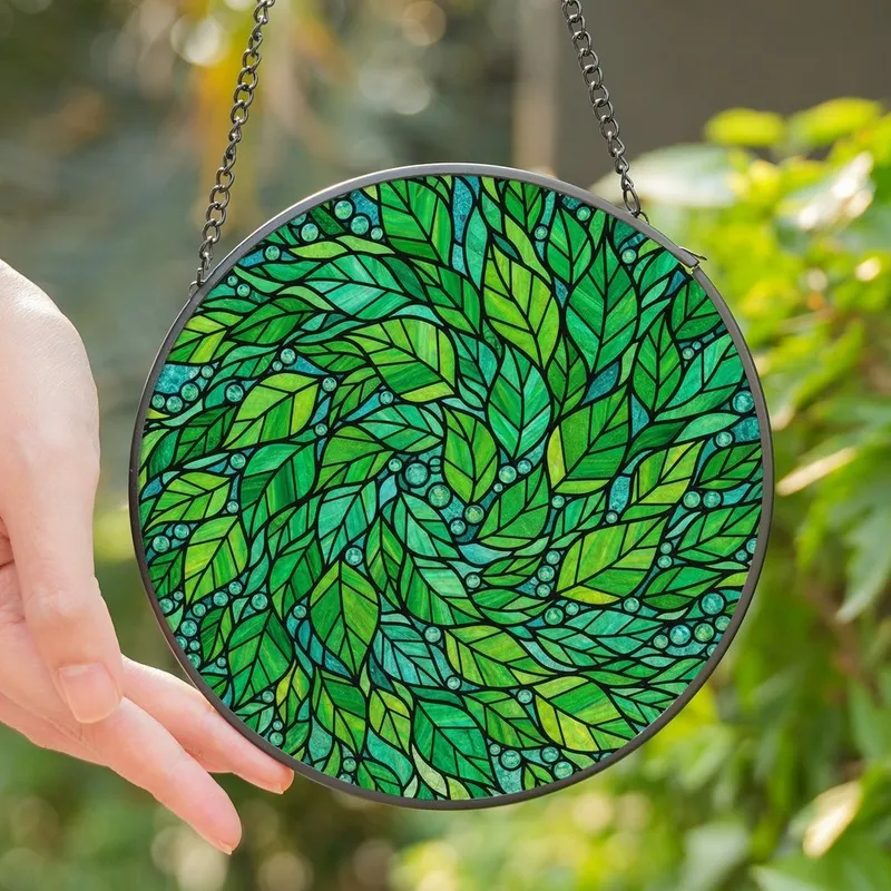 Nature Lovers' Intricate Jewel-Toned Stained Glass Leaves Organic Swirl Mosaic Stained Glass Suncatcher - THa9Of__x-