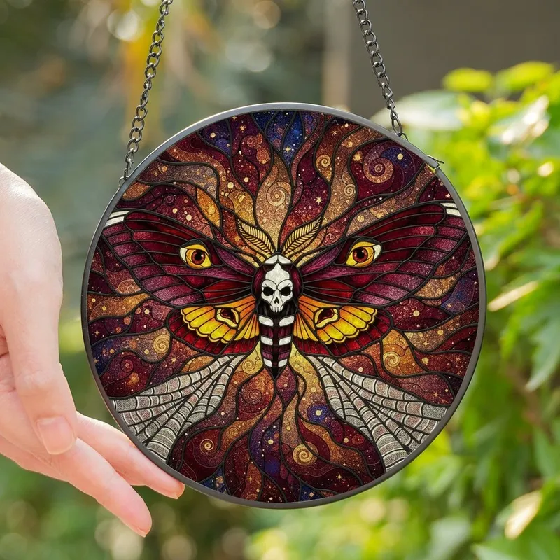Art Enthusiasts' Intricate Tiffany Stained Glass Death's-head Hawkmoth Cosmic Dust Mosaic Jewel Tones Stained Glass Suncatcher - 1