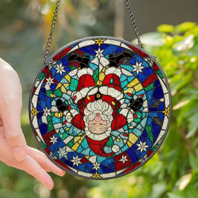 Holiday Enthusiasts' Whimsical Upside-Down Santa Stained Glass Ruby Red Sapphire Blue Emerald Green Geometric Mosaic Stained Glass Suncatcher - 1