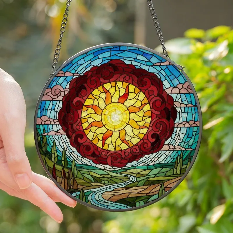 Art Lovers' Tiffany Style Stained Glass Sun Sky Mosaic Vibrant Yellow Red Orange Stained Glass Suncatcher - 1