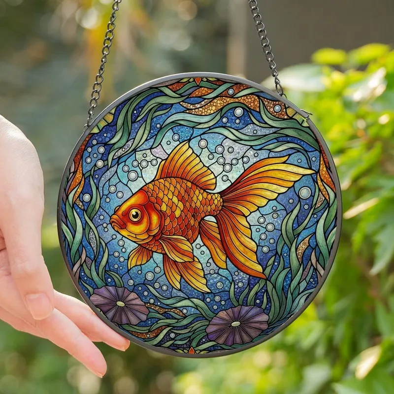 Art Lovers' Radiant Goldfish Stained Glass Tiffany Jewel Tone Aquatic Design Stained Glass Suncatcher - 1