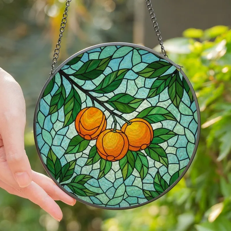 Art Lovers' Vibrant Tiffany Stained Glass Citrus Oranges Organic Mosaic Jewel Tones Stained Glass Suncatcher - 1