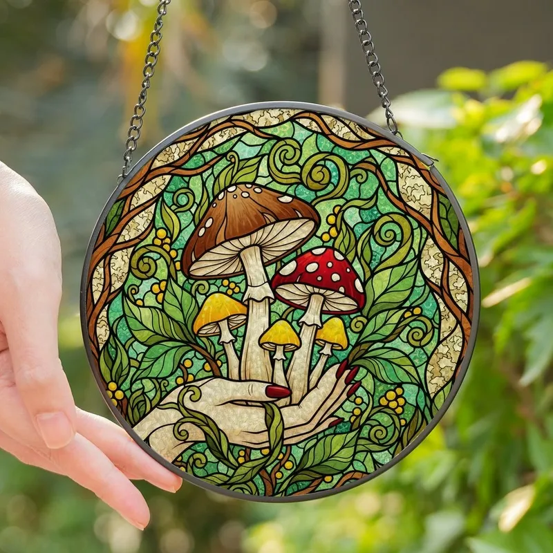 Art Lovers' Tiffany Stained Glass Enchanted Woodland Mushroom Hand Jewel Tones Art Stained Glass Suncatcher - 1