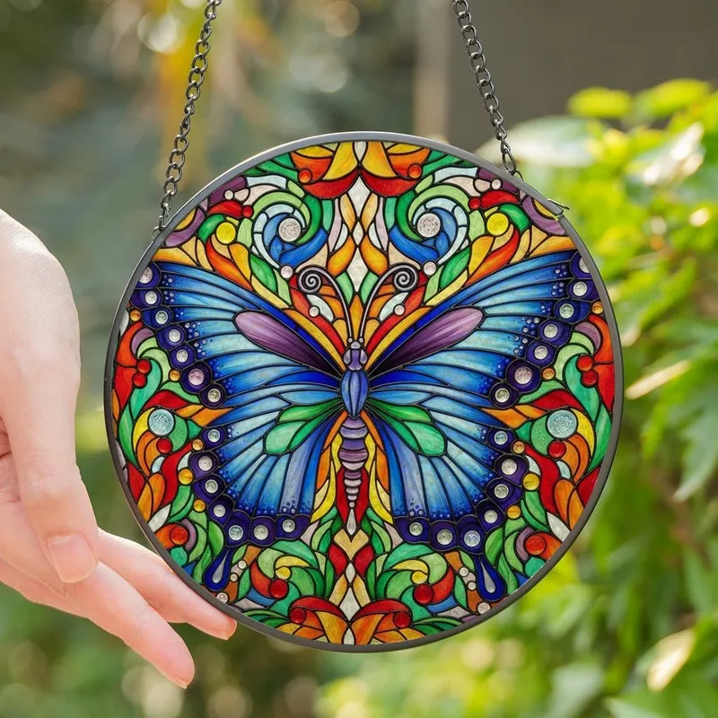 Nature Lovers' Tiffany Stained Glass Butterfly Jewel Tone Mosaic Floral Swirls Stained Glass Suncatcher - tJlRNRB-Uc