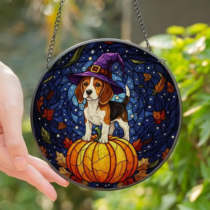 Halloween Dog Lovers' Tiffany Stained Glass Beagle Witch Puppy Pumpkin Autumn Leaves Starry Mosaic Stained Glass Suncatcher - 1