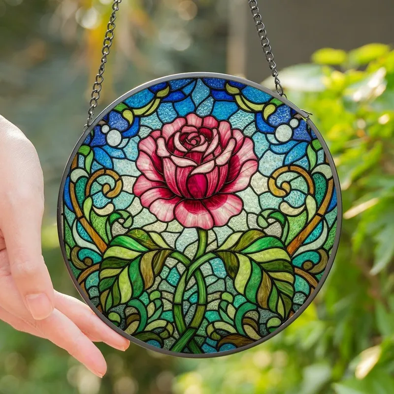 Nature Enthusiasts' Vibrant Pink Red Rose Intricate Tiffany Stained Glass Botanical Mosaic Stained Glass Suncatcher - 1