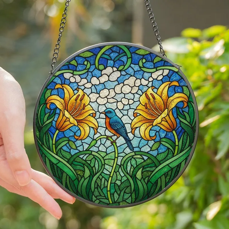 Nature Lovers' Vibrant Tiffany Style Stained Glass Blue Bird Golden Lilies Emerald Leaves Azure Sky Mosaic Stained Glass Suncatcher - _AVh5ssbVl