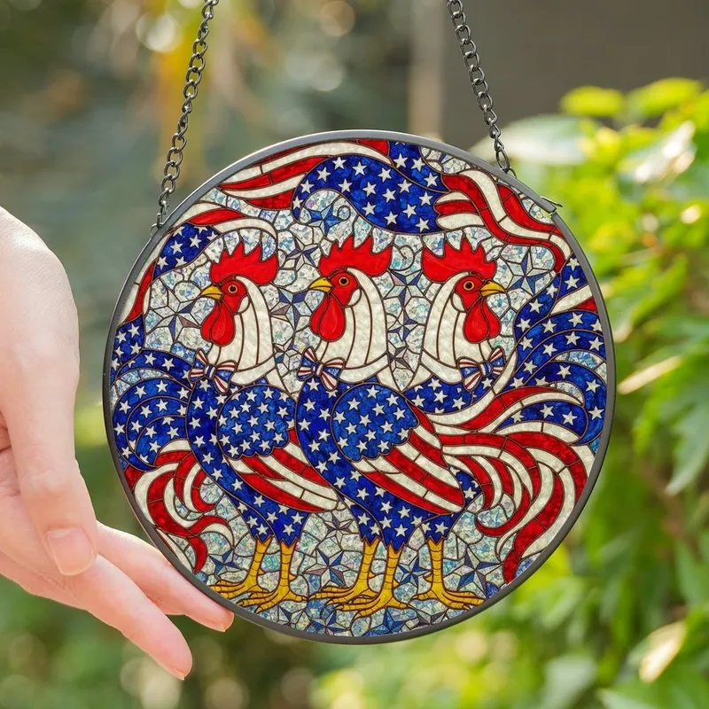 Patriotic Americans' Vibrant Tiffany Stained Glass Three Roosters American Flag Stars & Stripes Mosaic Stained Glass Suncatcher - 1