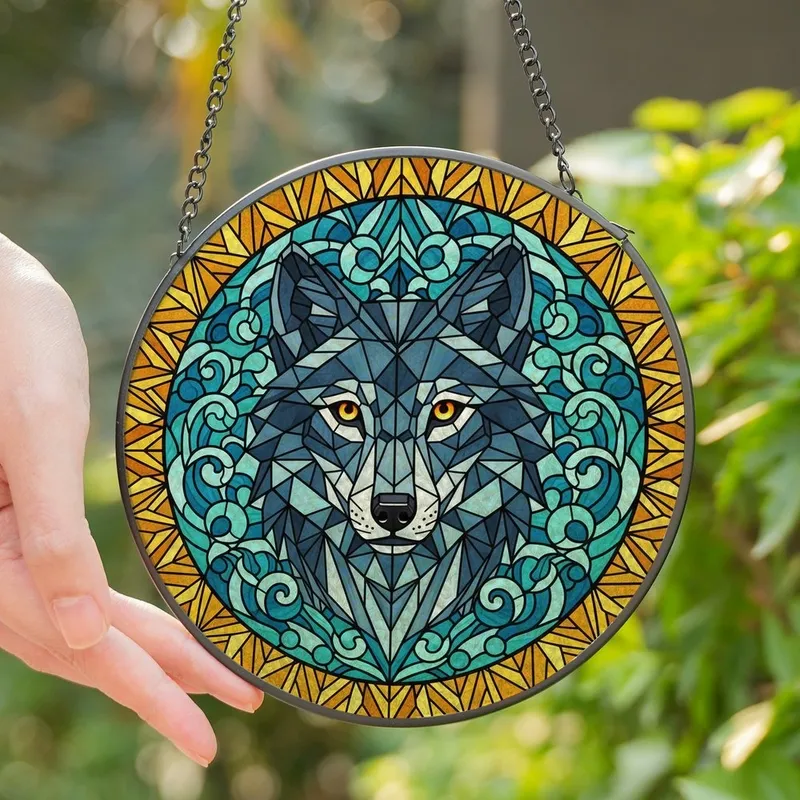 Wolf Lovers' Tiffany Stained Glass Wolf Head Geometric Glowing Eyes Mosaic Stained Glass Suncatcher - 1