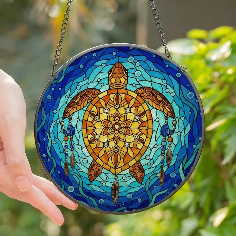 Ocean & Art Lovers' Intricate Stained Glass Sea Turtle Mandala Blue Orange Yellow Bronze Jewel Tones Stained Glass Suncatcher - 1