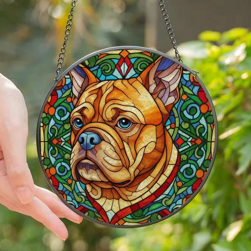 Dog Lovers' Intricate Stained Glass Bulldog Pug Head Geometric Mosaic Jewel Tones Art Pattern Stained Glass Suncatcher - 1