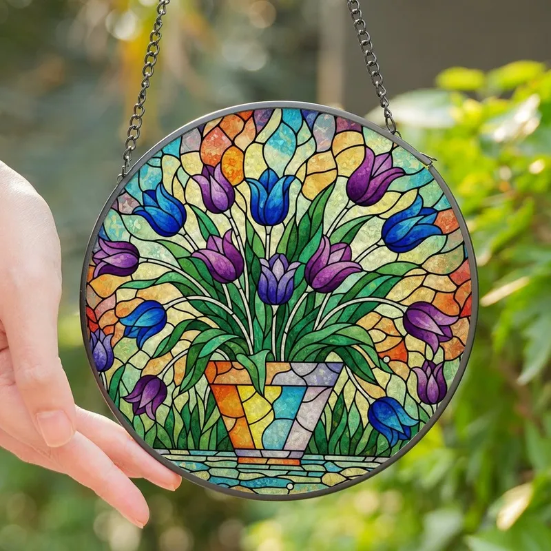 Floral Art Fans' Tiffany Style Stained Glass Tulip Bouquet Mosaic Vibrant Jewel Tones Stained Glass Suncatcher - R_C1EjMLxz