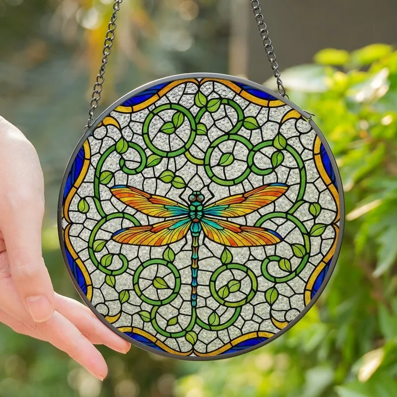 Art Lovers' Iridescent Dragonfly Tiffany Stained Glass Sapphire Emerald Amber Burnt Orange Mosaic Stained Glass Suncatcher - 1