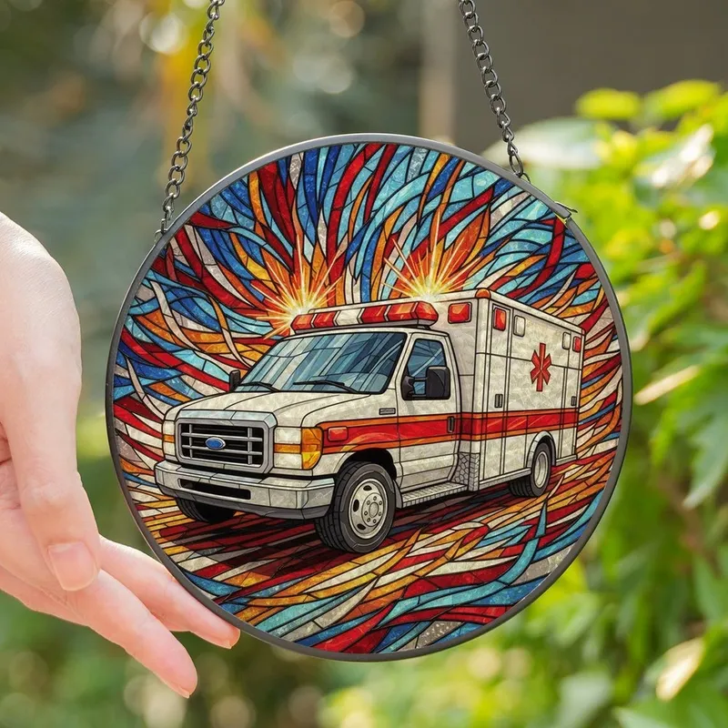 Emergency Services Supporters Vibrant Tiffany Stained Glass Ambulance Mosaic Edge-to-Edge Geometric Jewel Tones Stained Glass Suncatcher - 1