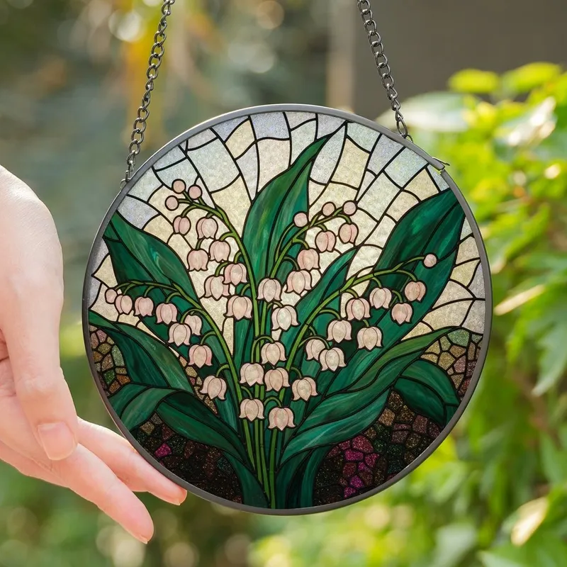 Art Lovers' Tiffany Stained Glass Pink Lily of the Valley Emerald Green & Dark Teal Floral Mosaic Stained Glass Suncatcher - 1